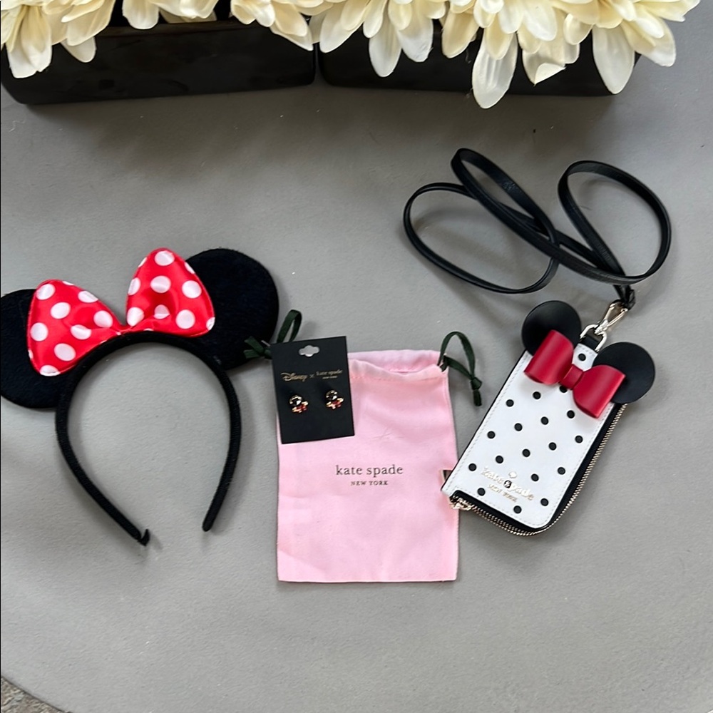 Kate Spade Minnie Mouse Headband and Cardholder and Earrings set - Black and Red
